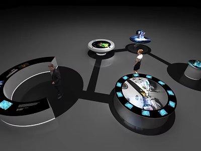 Interactive Tech Exhibition With Circular Display Stands Connected Screens And Visitors 3d model