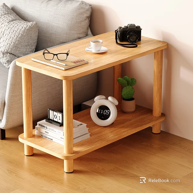 Wooden Side Table With Glasses Notebook Coffee Mug Camera Books Alarm Clock And Small Plant 3d model 