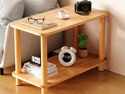 Wooden Side Table With Glasses Notebook Coffee Mug Camera Books Alarm Clock And Small Plant 3d model