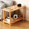 Wooden Side Table With Glasses Notebook Coffee Mug Camera Books Alarm Clock And Small Plant