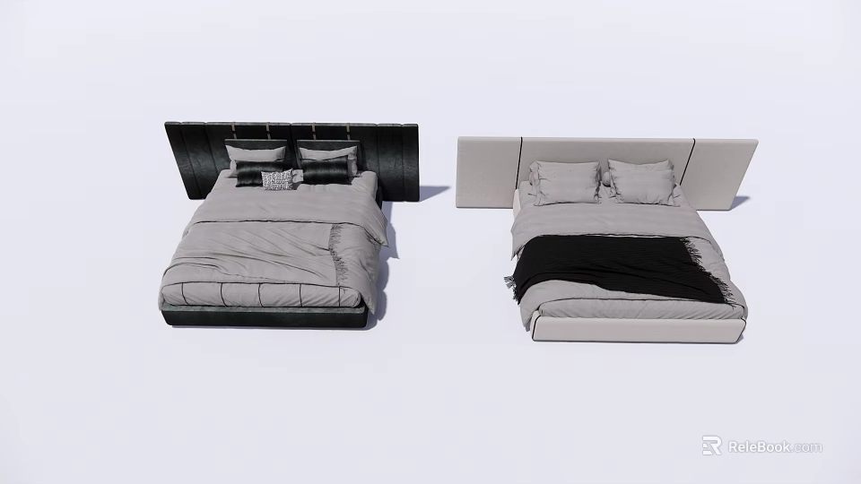 Modern Double Bed With Black And Light Headboards And Soft Bedding 3d model