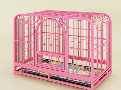 Pink Decorative Ornament Set Metal Cage With Arched Door And Colorful Mat 3d model