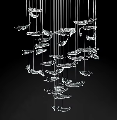 Modern Artistic Crystal Chandelier With Hanging Fish Shaped Crystal Pieces And Layered Structure 3d model