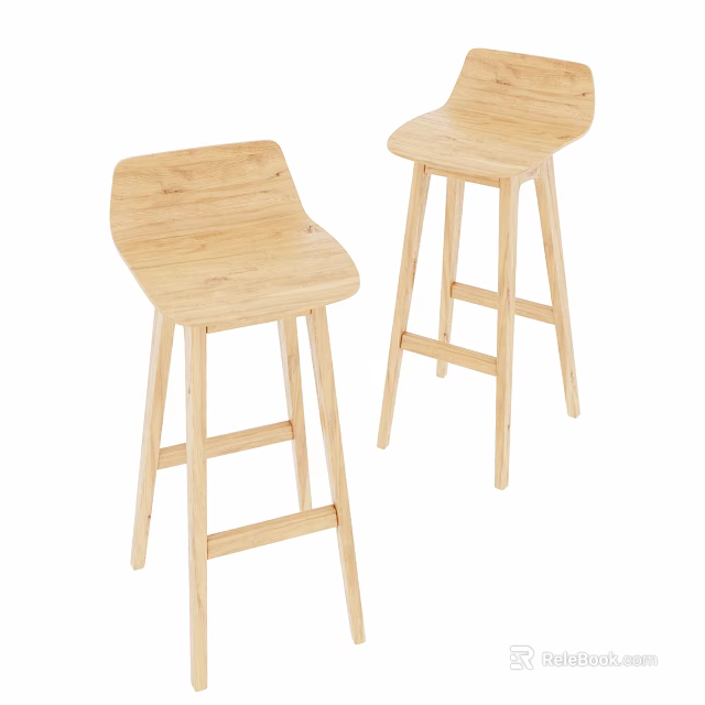 Two Light Wooden Bar Stools With Simple Backrest And Sturdy Legs Design 3d model 