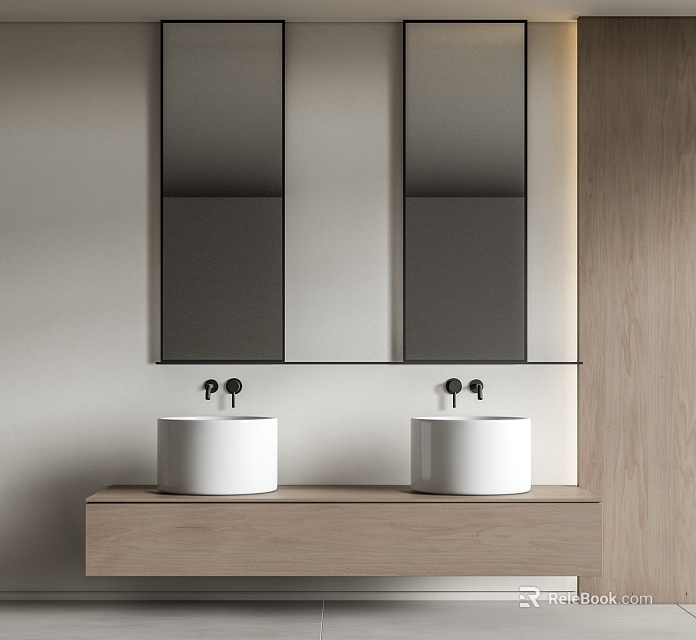 Modern Minimalist Bathroom Washbasin Vanity With Double White Basins Wooden Countertop And Mirrors Above 3d model 