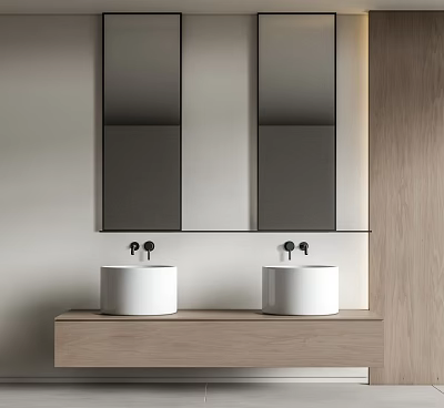 Modern Minimalist Bathroom Washbasin Vanity With Double White Basins Wooden Countertop And Mirrors Above 3d model