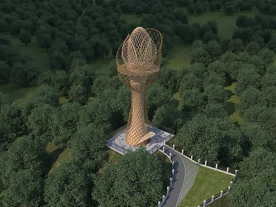 Garden Art Installation Woven Tower Structure In Lush Forest With Pathway 3d model
