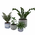Decorative Ornament Set With Various Indoor Plants In Textured Blue And Gray Planters