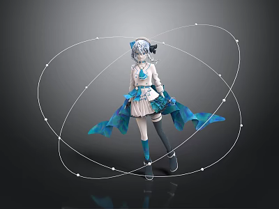 Magical Child in Blue White Dress with White Curved Lines and Floating Dots 3d model