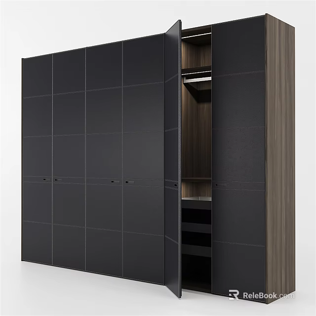 Modern Black Wardrobe With Open Door Design And Wooden Interior Shelves 3d model 
