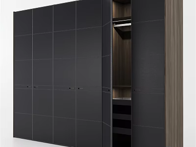 Modern Black Wardrobe With Open Door Design And Wooden Interior Shelves 3d model