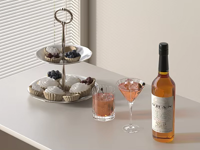 Wine Bottle And Wine Glasses With Dessert Stand Cupcakes Fresh Fruits On Window Table 3d model