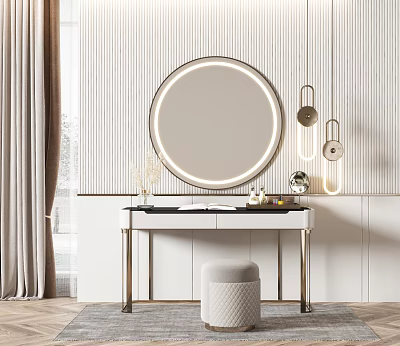Stylish White Vanity With Gold Legs Circular Illuminated Mirror And Hanging Pendant Lights 3d model
