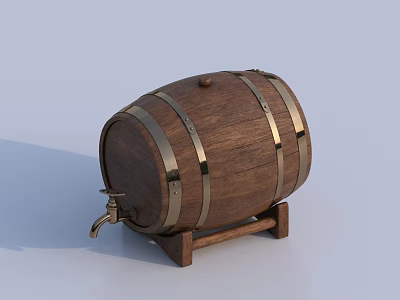 Wooden Barrel With Metal Hoops Tap And Stand As Home Living Supplies 3d model