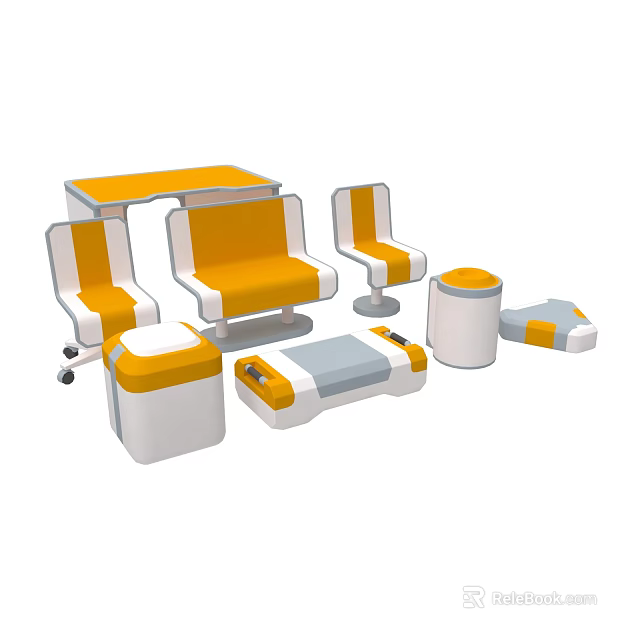 Modern Orange White Furniture Equipment With Table Chairs Cabinet And Container 3d model 