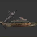 Vintage Wooden Boat Display With Smaller Boat Oars Old Chairs And Bird Statue