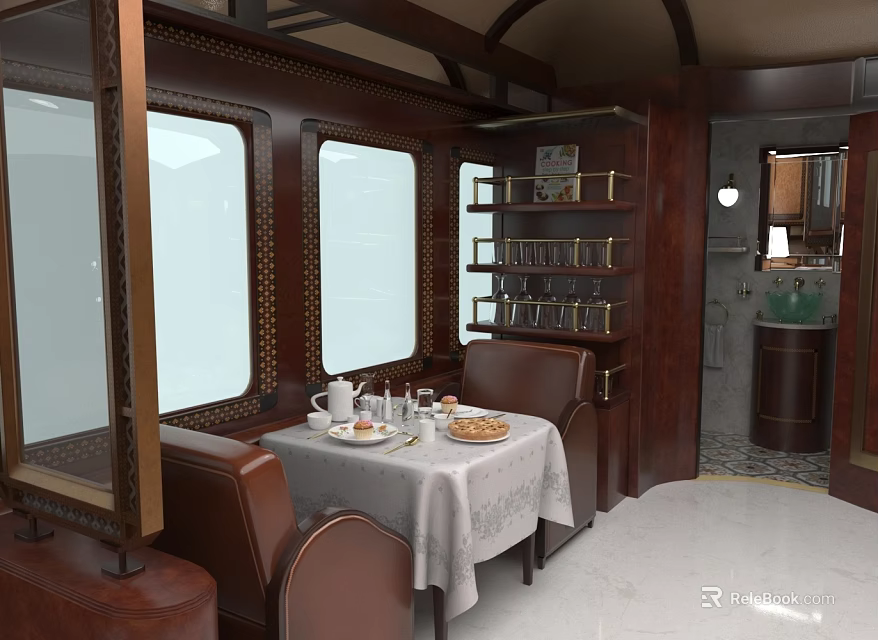 Luxury Train Car Interior With Wooden Decor Large Windows Dining Table And Leather Seats 3d model 