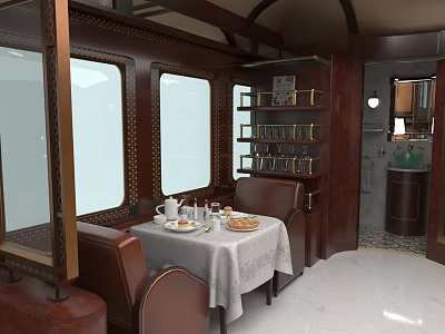 Luxury Train Car Interior With Wooden Decor Large Windows Dining Table And Leather Seats 3d model