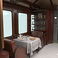 Luxury Train Car Interior With Wooden Decor Large Windows Dining Table And Leather Seats