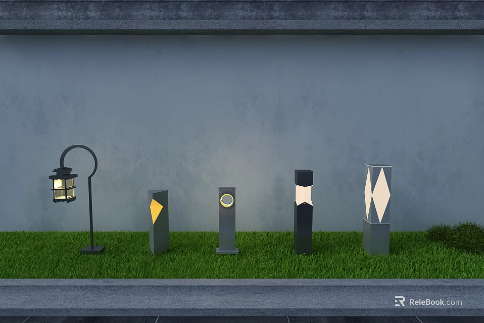 Various Designed Outdoor Lights With Geometric Patterns On Green Grass Against Gray Wall 3d model 
