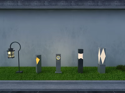 Various Designed Outdoor Lights With Geometric Patterns On Green Grass Against Gray Wall 3d model