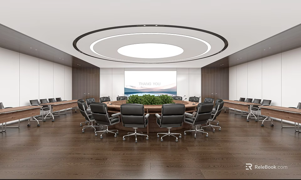 Modern Conference Room With Round Table Black Leather Chairs Circular Ceiling Light And Green Plant 3d model 