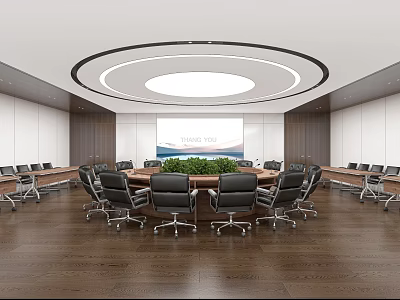 Modern Conference Room With Round Table Black Leather Chairs Circular Ceiling Light And Green Plant 3d model