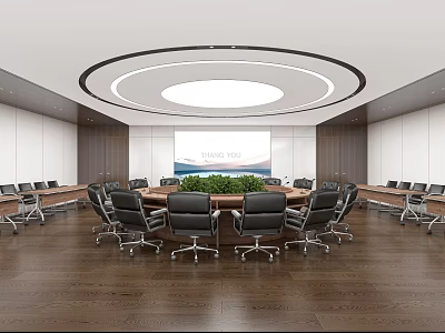 Modern Conference Room With Round Table Black Leather Chairs Circular Ceiling Light And Green Plant 3d model