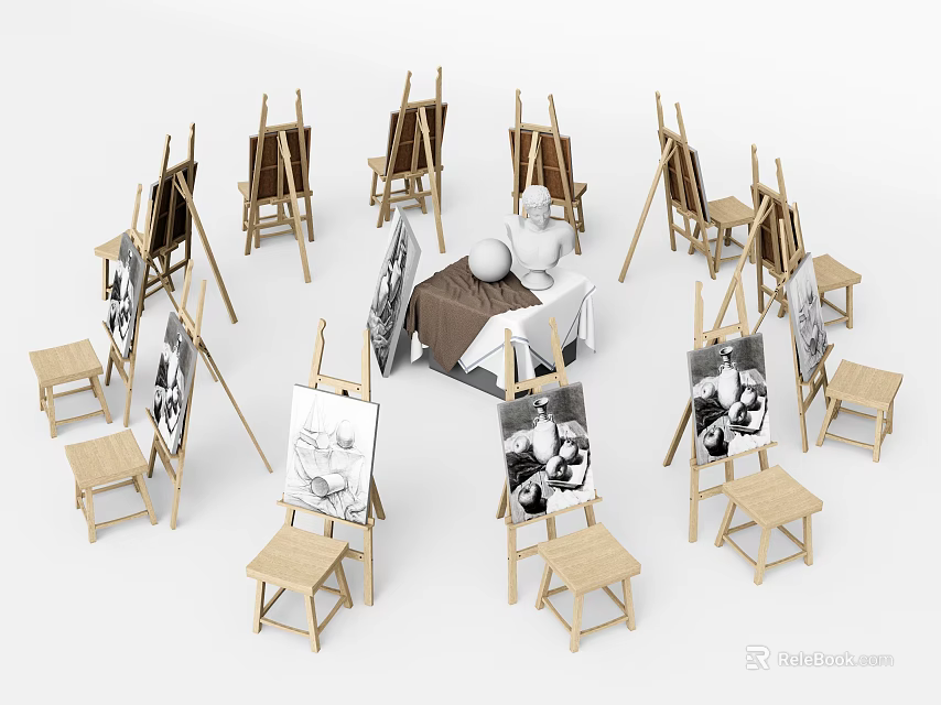 Art Supplies Setup With Wooden Easels Sketchpads Stools And Plaster Statue 3d model 