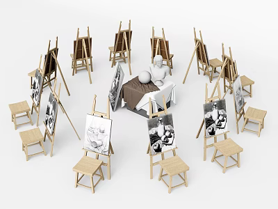 Art Supplies Setup With Wooden Easels Sketchpads Stools And Plaster Statue 3d model