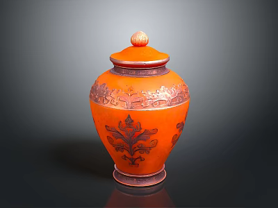 Artistic Orange Lidded Jar Sculpture With Intricate Carved Floral Patterns 3d model
