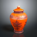 Artistic Orange Lidded Jar Sculpture With Intricate Carved Floral Patterns