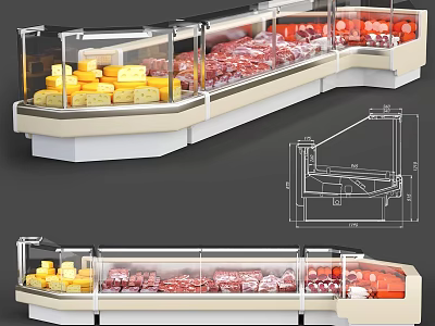 Curved Glass Door Refrigerated Display Case With Cheese And Meat Products 3d model