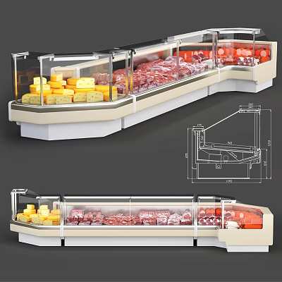 Curved Glass Door Refrigerated Display Case With Cheese And Meat Products 3d model