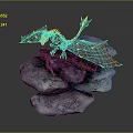 Detailed Game Movie Dragon Character With Red Pink Wings On Stacked Rocks And Wooden Log