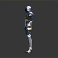 Futuristic Blue And White Mechanical Character With Armor Helmet And Extended Arms