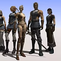 Five Game and Movie Characters in Diverse Outfits Standing Against Blue Sky and Clouds
