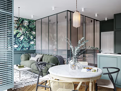 Modern Restaurant Interior With Green Plant Mural Glass Partition And Round Marble Dining Table 3d model