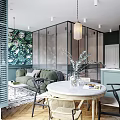 Modern Restaurant Interior With Green Plant Mural Glass Partition And Round Marble Dining Table