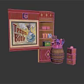 Vintage Store Corner With Tommy Bonnie Sign Red Cabinet Shelves Barrel And Boxes