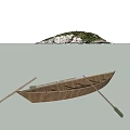 Waterfront Landscape with Calm Water Wooden Boat Distant Island Green Vegetation White Rocks Cloudy Sky