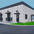 Industrial Factory Exterior Building With Windows Doors And Parking Area