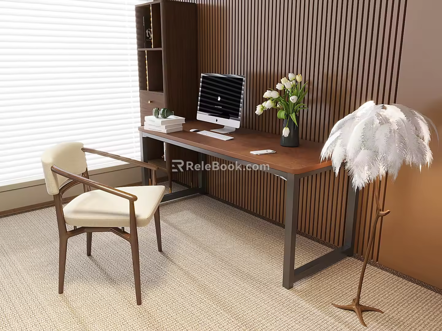 Desk desk chair combination desktop computer vase floral feather floor lamp 3d model