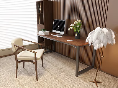 Desk desk chair combination desktop computer vase floral feather floor lamp 3d model