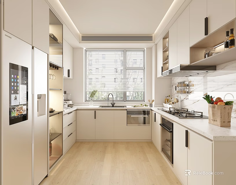 Modern Kitchen Interior With White Cabinets Island Counter Appliances And Window 3d model 