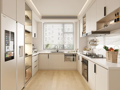 Modern Kitchen Interior With White Cabinets Island Counter Appliances And Window 3d model