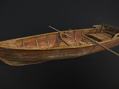 Vintage Wooden Boat With Natural Wood Grain Traditional Oar And Wooden Seat 3d model