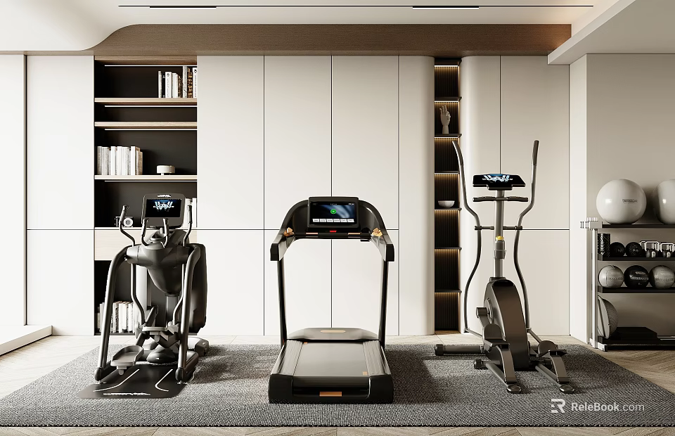 Modern Home Gym Sports Equipment With Elliptical Trainer Treadmill And Exercise Bike 3d model 