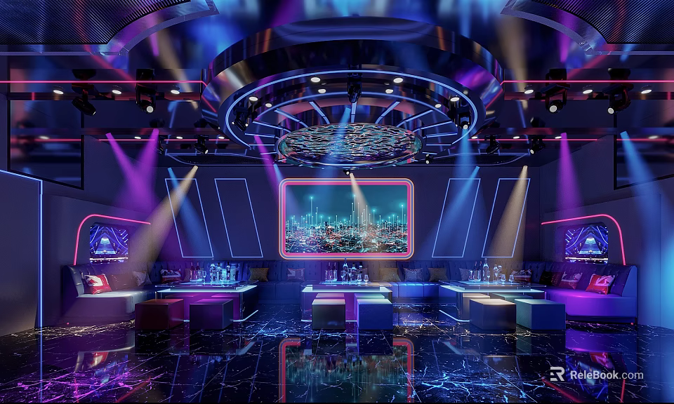 Luxury Modern KTV Interior With Colorful Lighting Large LED Screen And Comfortable Seating 3d model 