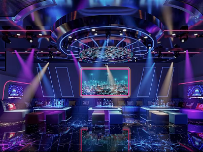 Luxury Modern KTV Interior With Colorful Lighting Large LED Screen And Comfortable Seating 3d model